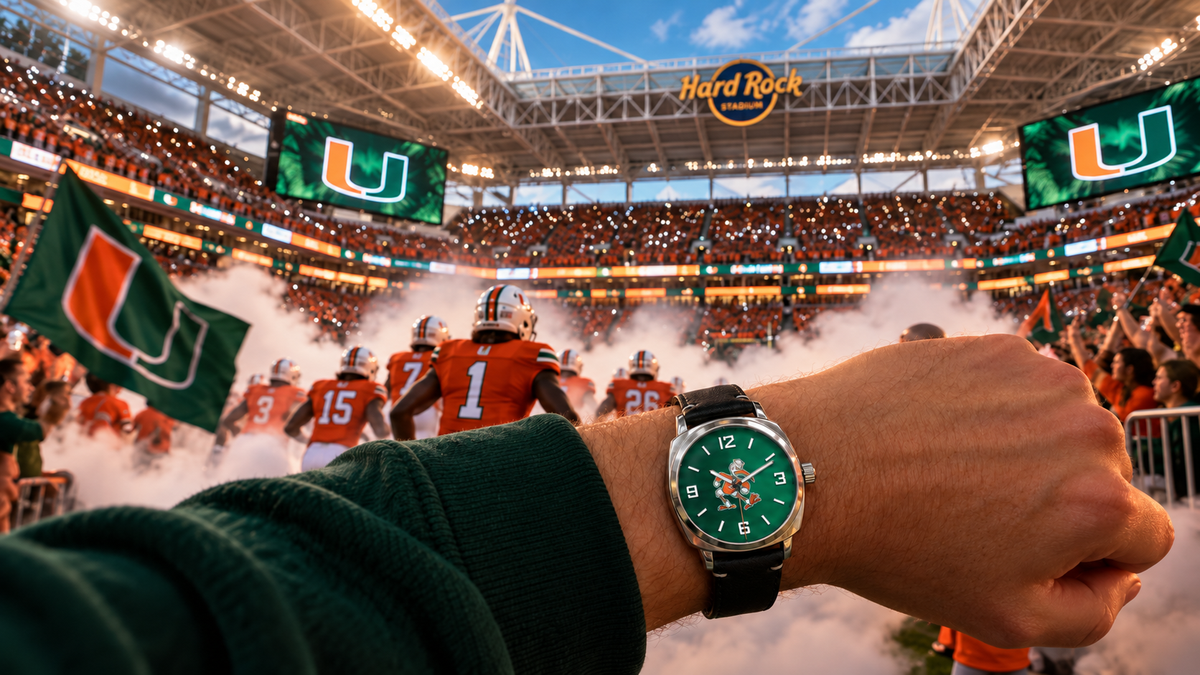 Raised fist and wrist wearing a LicensedTime team watch at a college football game at dusk