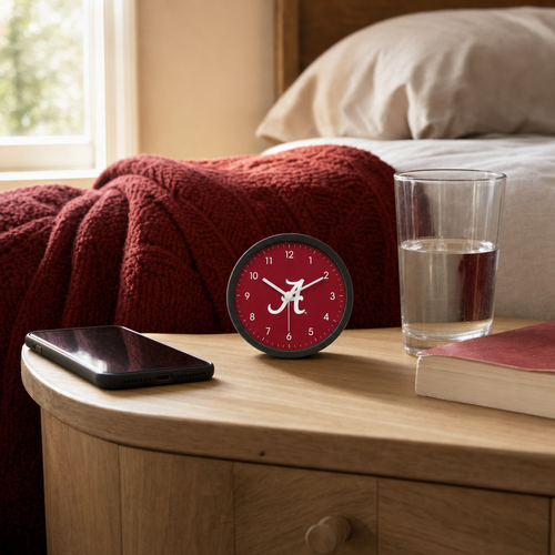 Alabama Crimson Tide Matte Clock on a bedside nightstand