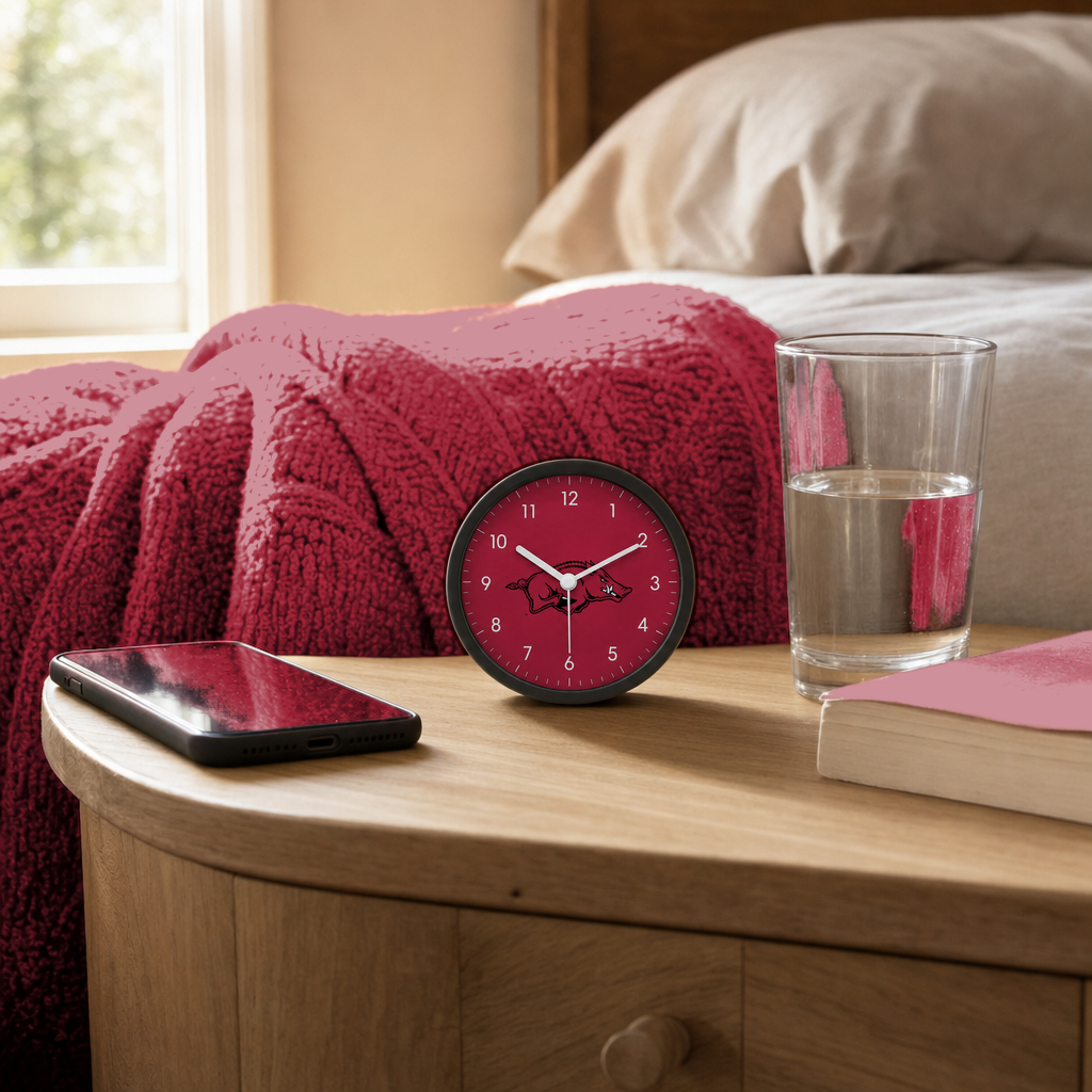 Arkansas Razorbacks Bedside Clock on a bedside nightstand
