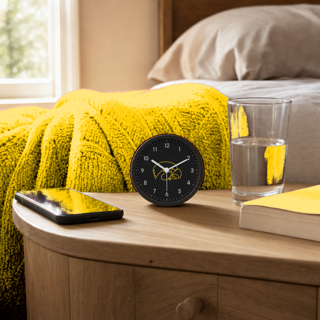Iowa Hawkeyes Bedside Clock on a bedside nightstand