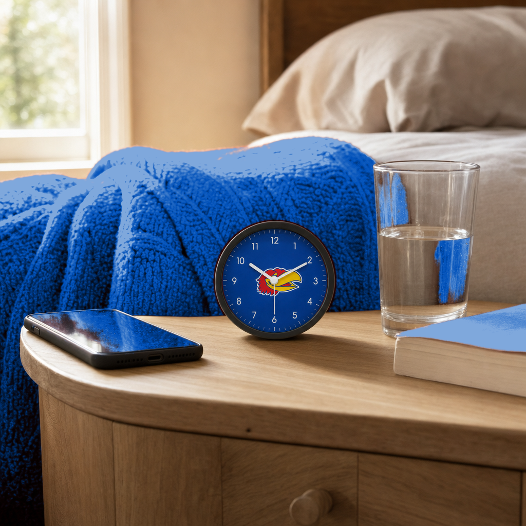Kansas Jayhawks Bedside Clock on a bedside nightstand