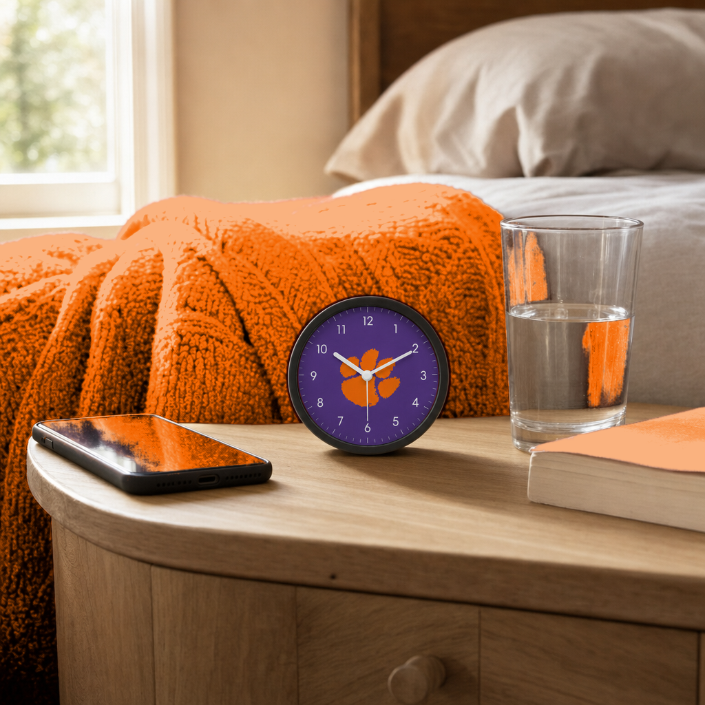 Clemson Tigers Bedside Clock on a bedside nightstand
