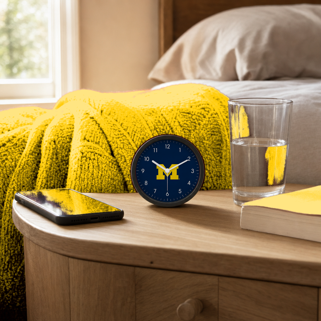 Michigan Wolverines Bedside Clock on a bedside nightstand