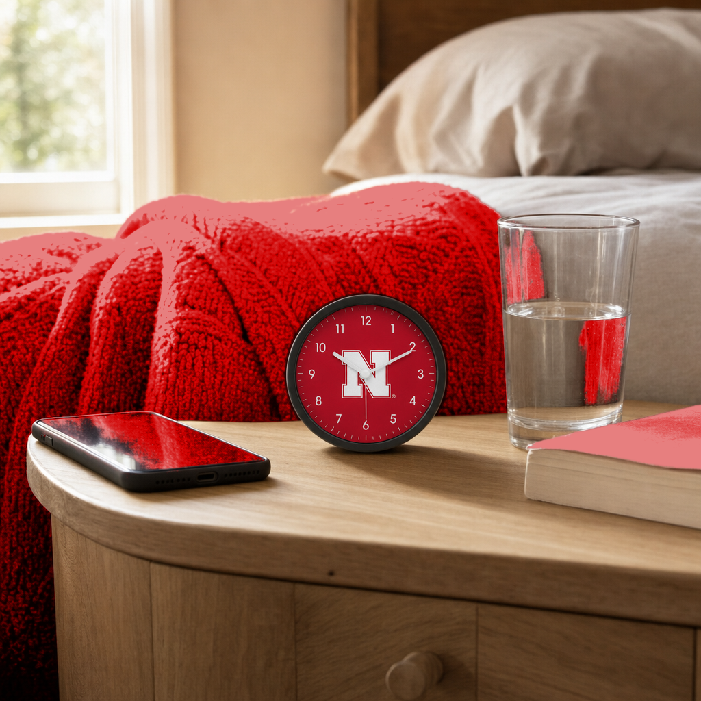 Nebraska Cornhuskers Bedside Clock on a bedside nightstand