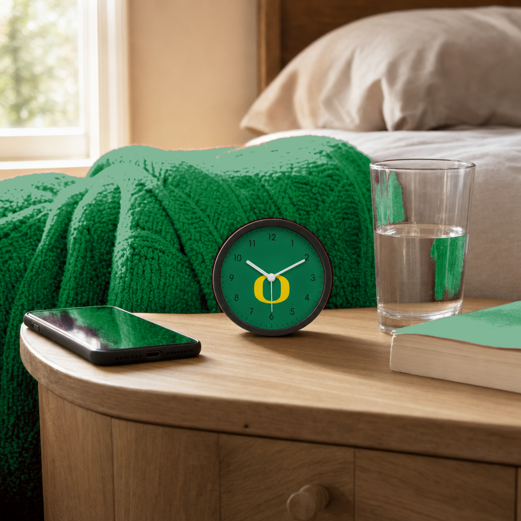 Oregon Ducks Bedside Clock on a bedside nightstand