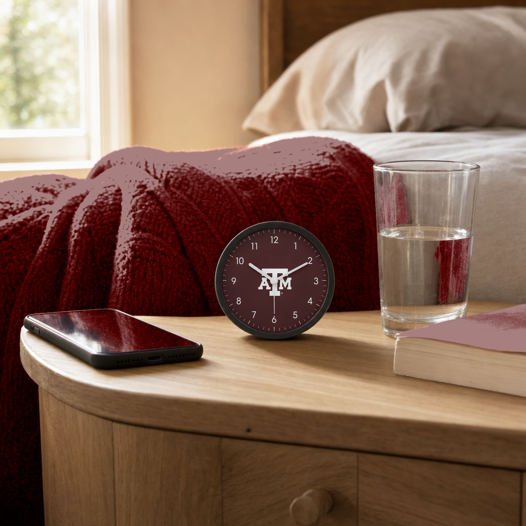Texas A&M Aggies Bedside Clock on a bedside nightstand