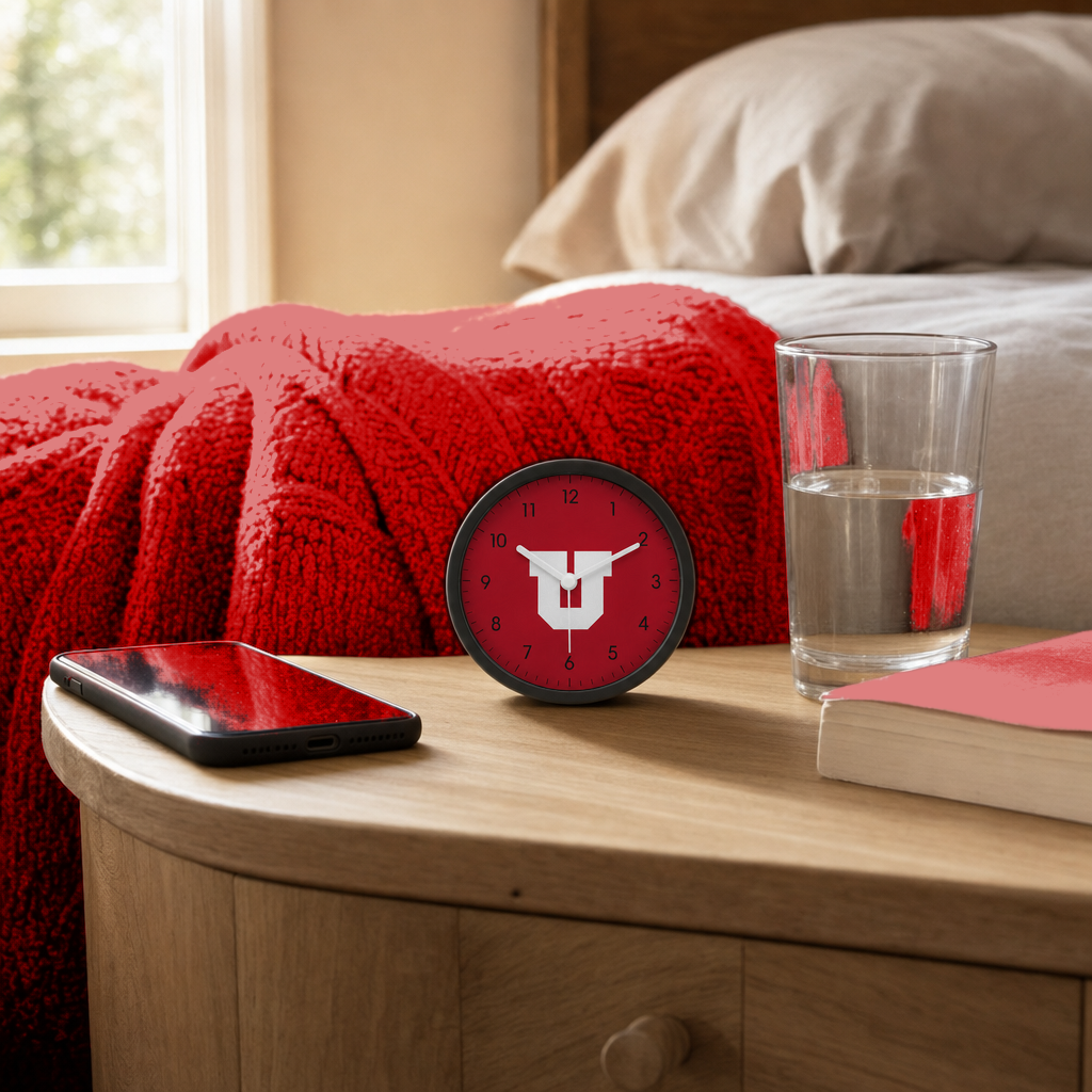 Utah Utes Bedside Clock on a bedside nightstand