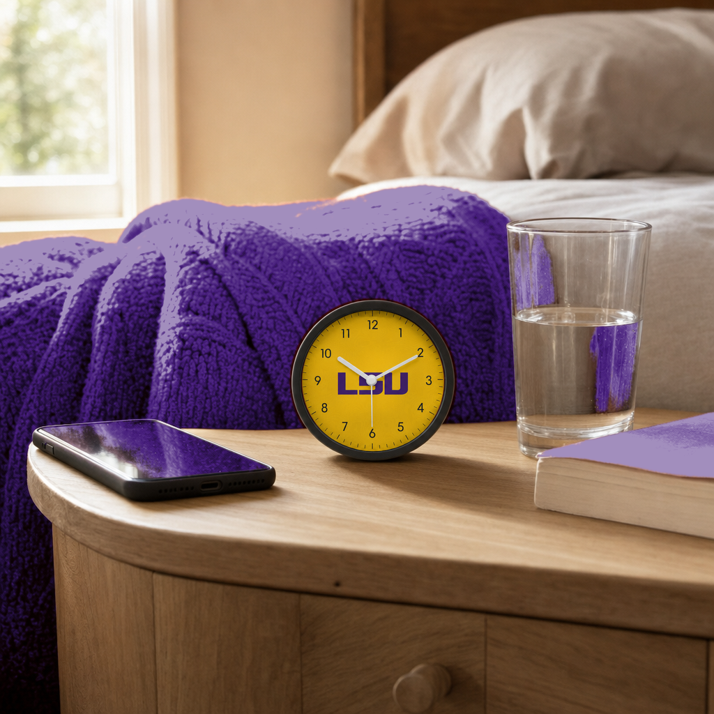 LSU Tigers Bedside Clock on a bedside nightstand