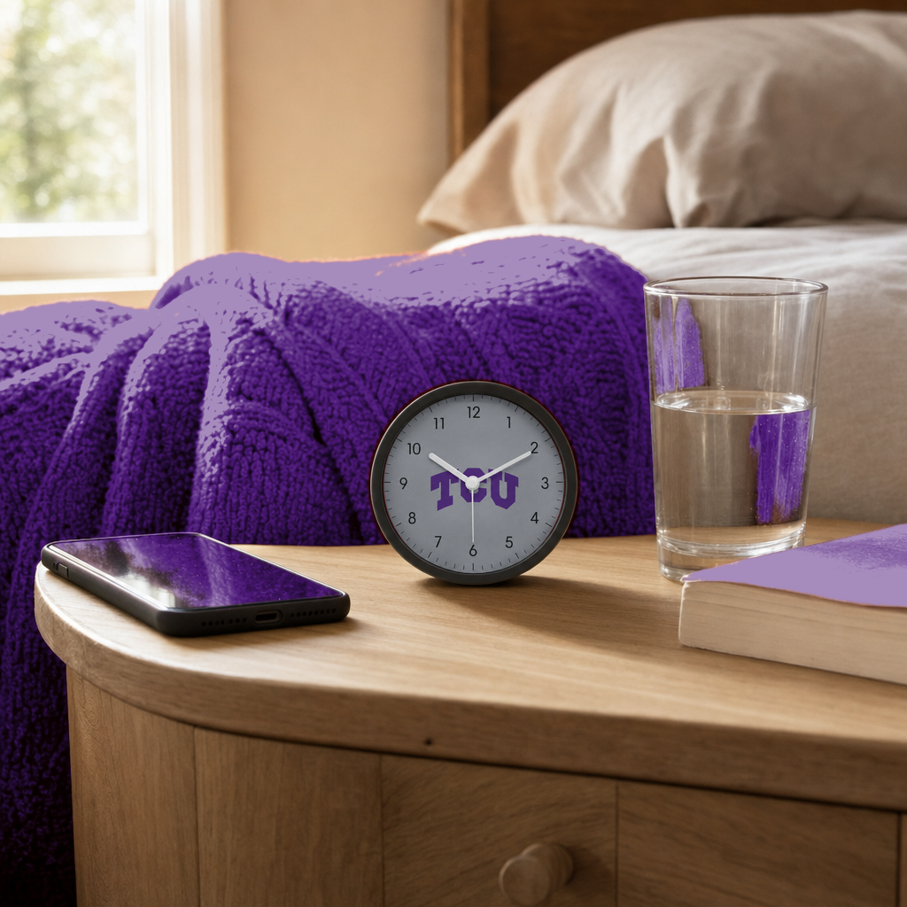 TCU Horned Frogs Bedside Clock on a bedside nightstand