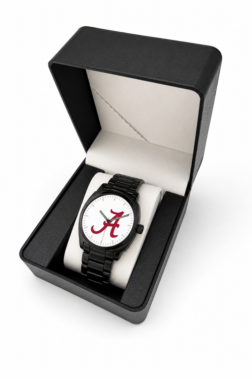 Alabama Crimson Tide Black Metal Oval watch with black metal bracelet in LicensedTime gift box