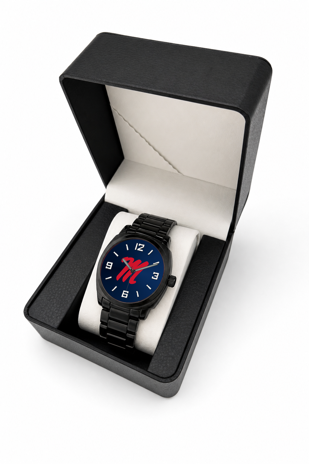 Ole Miss Rebels Black Metal Oval watch with black metal bracelet in LicensedTime gift box