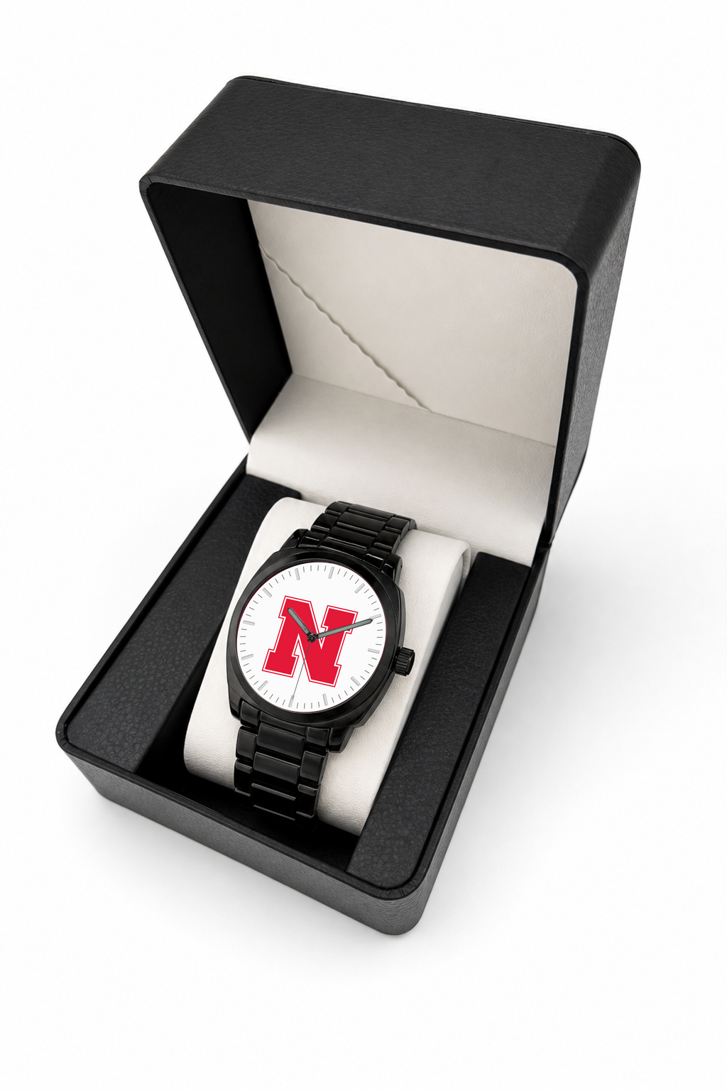 Nebraska Cornhuskers Black Metal Oval watch with black metal bracelet in LicensedTime gift box