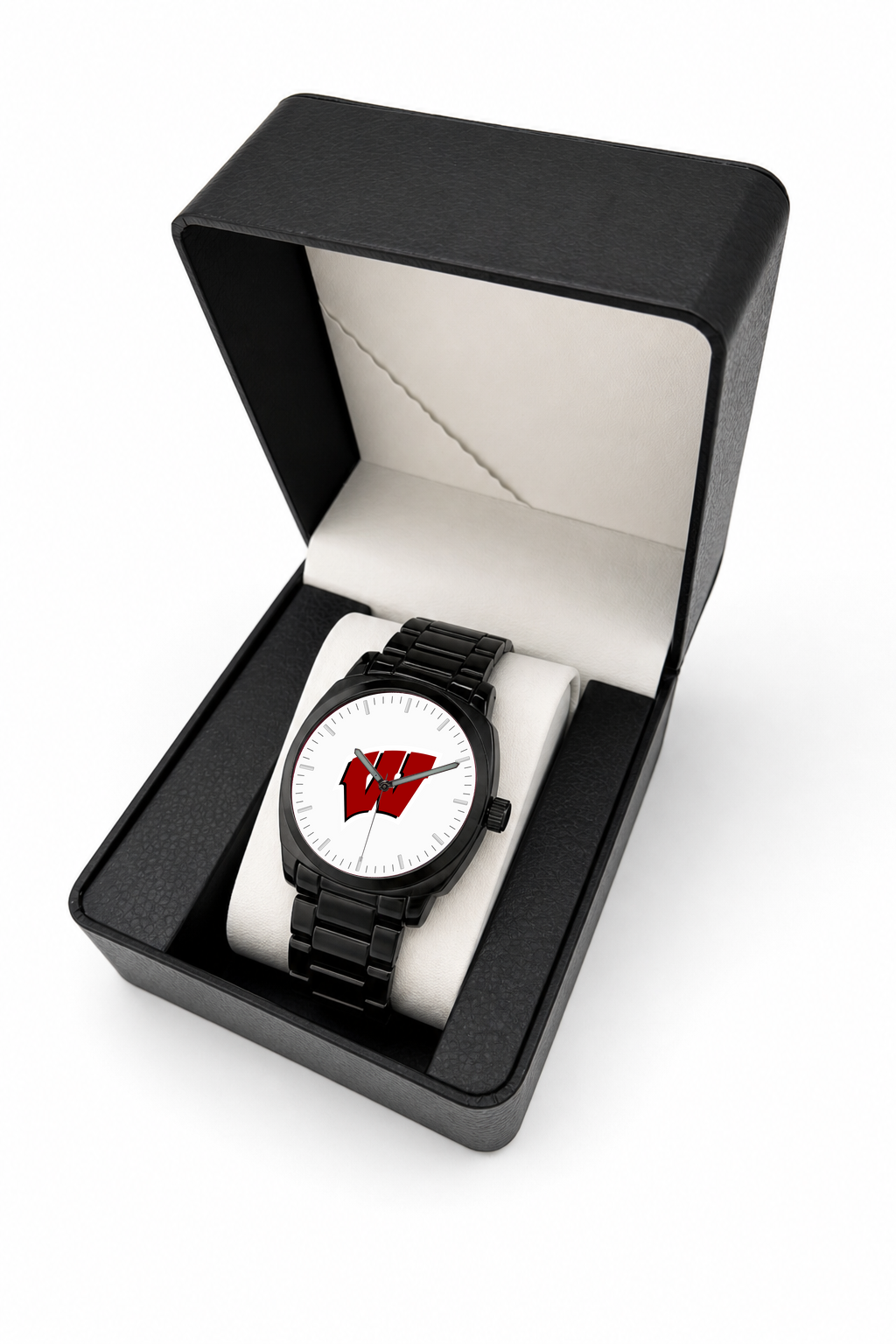 Wisconsin Badgers Black Metal Oval watch with black metal bracelet in LicensedTime gift box