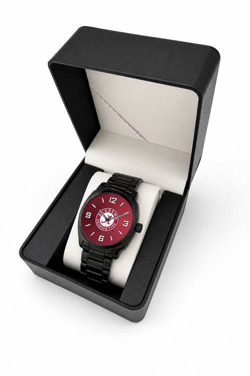 Alabama Crimson Tide Black Metal Oval watch with black metal bracelet in LicensedTime gift box