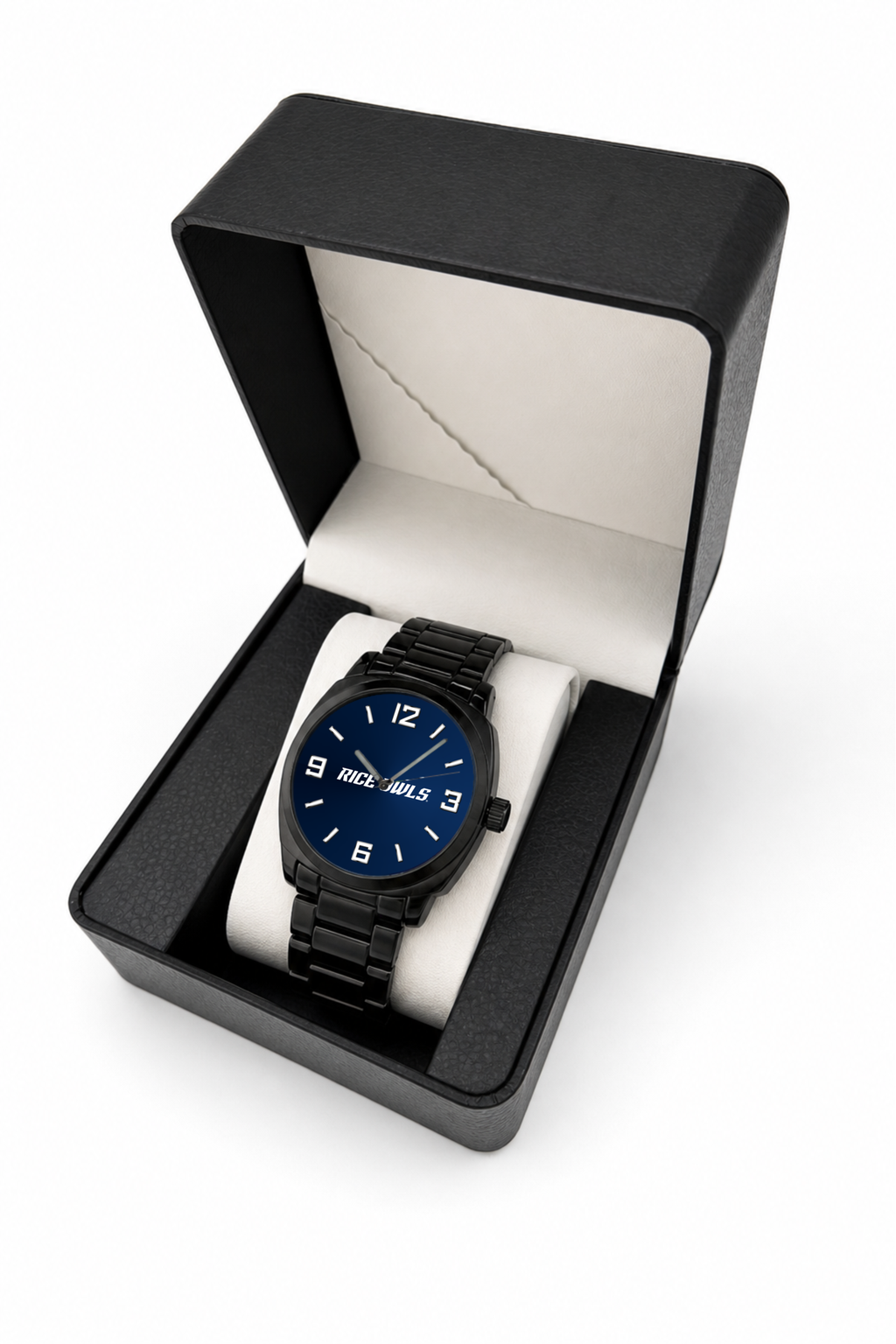 Rice Owls Black Metal Oval watch with black metal bracelet in LicensedTime gift box