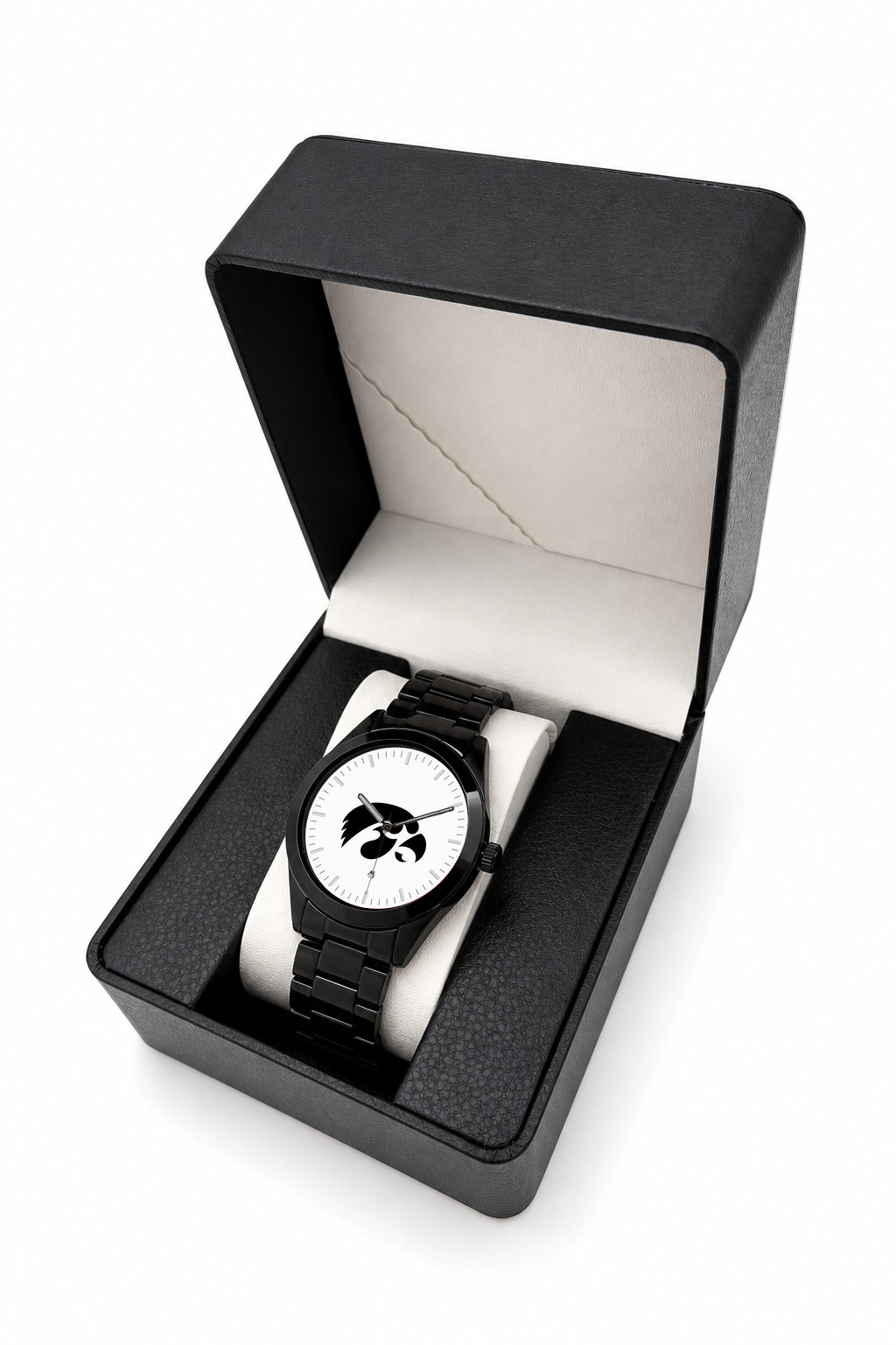 Iowa Hawkeyes Black Metal Band Round watch with black metal bracelet in LicensedTime gift box