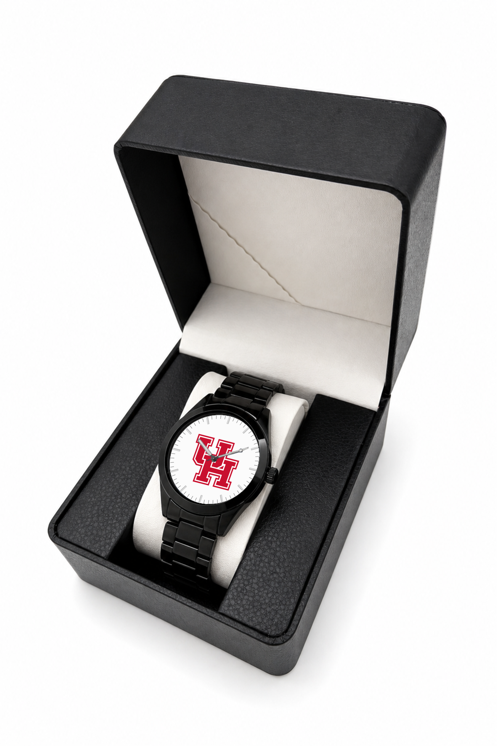 Houston Cougars Black Metal Band Round watch with black metal bracelet in LicensedTime gift box