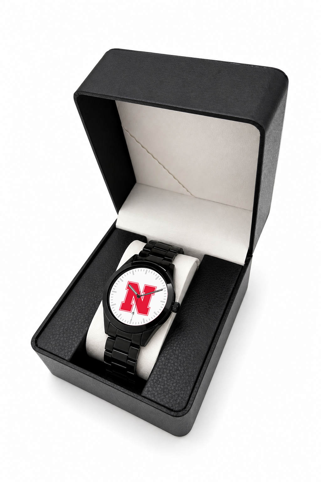 Nebraska Cornhuskers Black Metal Band Round watch with black metal bracelet in LicensedTime gift box