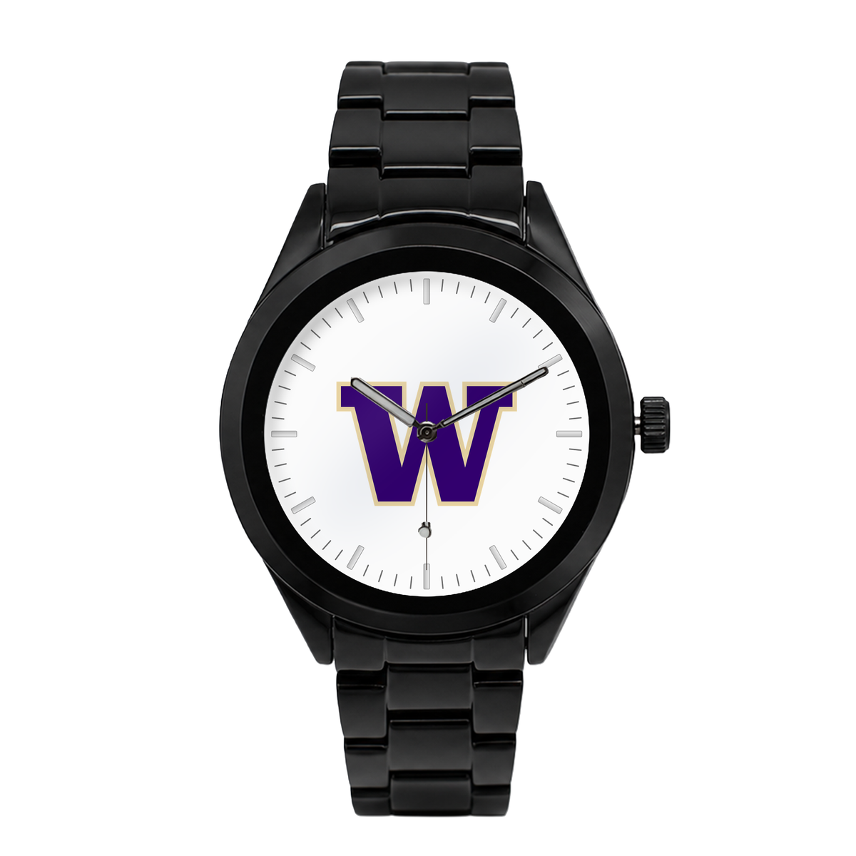 Washington Huskies Black Metal Band Round watch with black metal bracelet