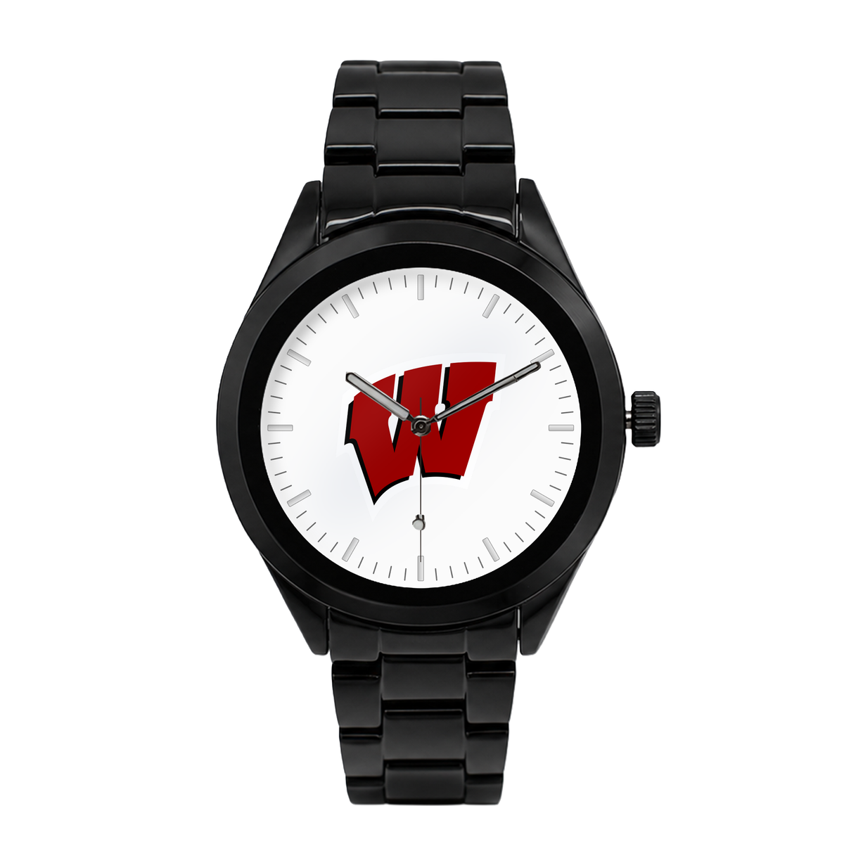 Wisconsin Badgers Black Metal Band Round watch with black metal bracelet