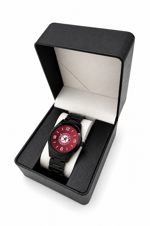 Alabama Crimson Tide Black Metal Band Round watch with black metal bracelet in LicensedTime gift box
