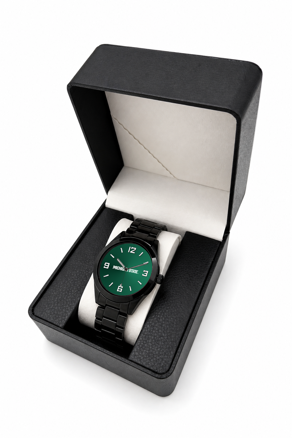 Michigan State Spartans Black Metal Band Round watch with black metal bracelet in LicensedTime gift box