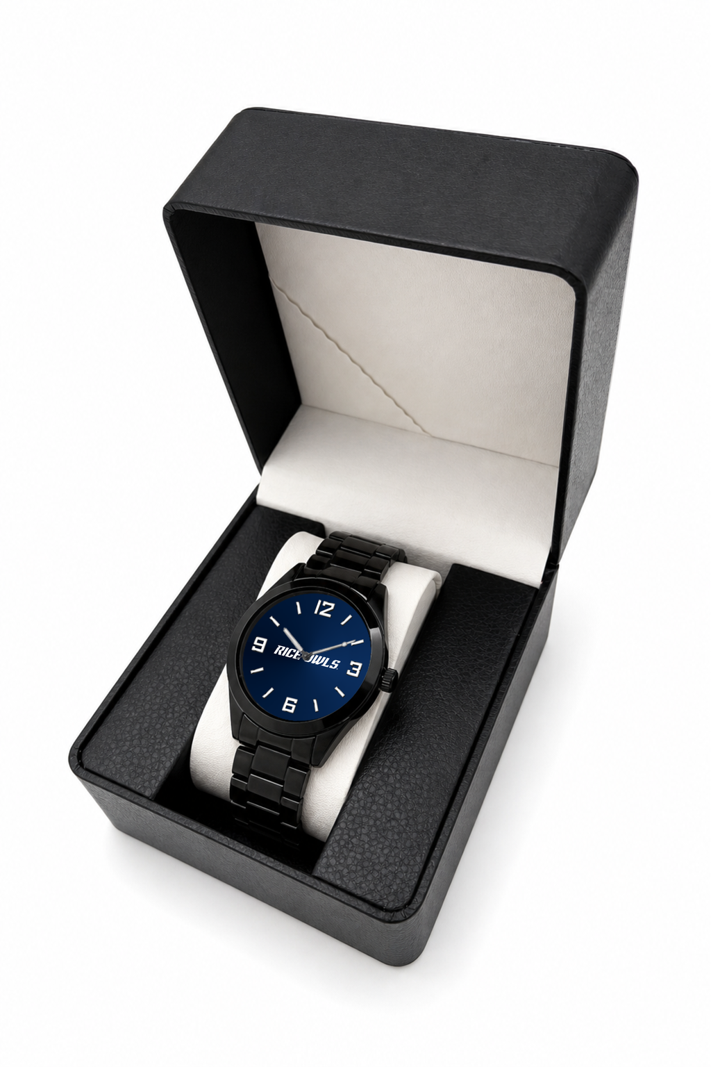 Rice Owls Black Metal Band Round watch with black metal bracelet in LicensedTime gift box
