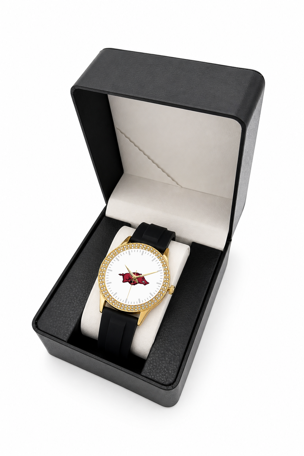 Arkansas Razorbacks Gold Metal Diamond watch with black silicone band in LicensedTime gift box