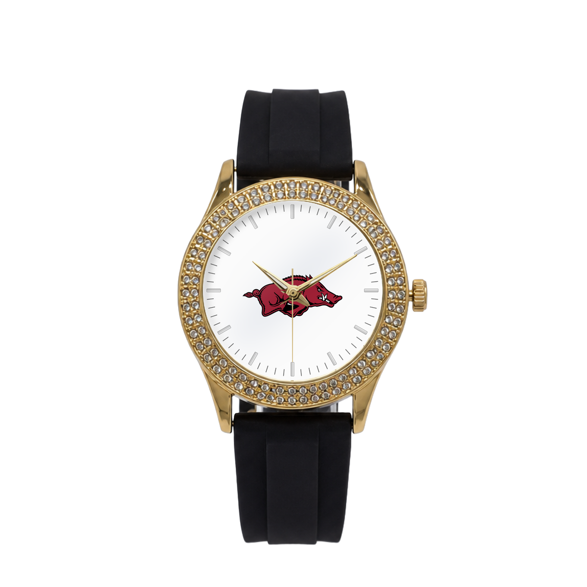 Arkansas Razorbacks Gold Metal Diamond watch with black silicone band