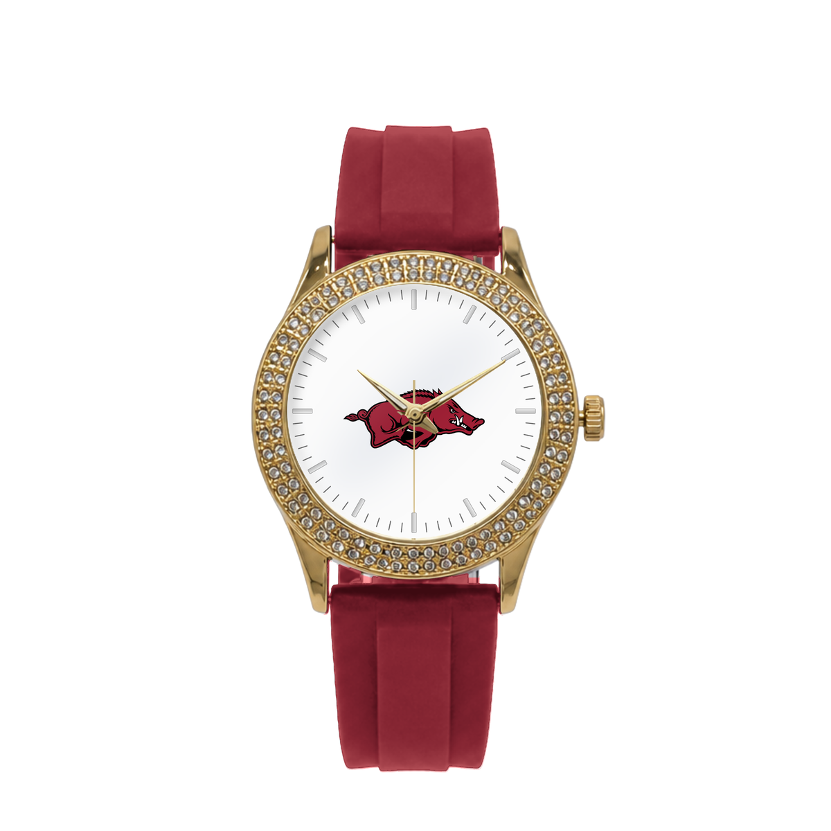 Arkansas Razorbacks Gold Metal Diamond watch with red silicone band