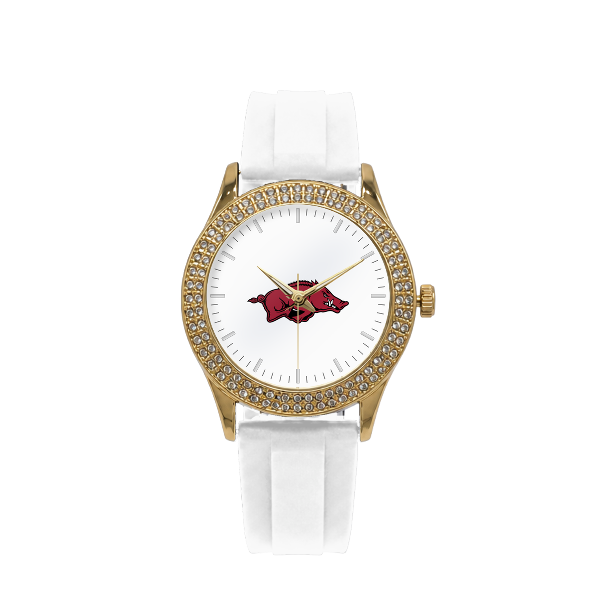 Arkansas Razorbacks Gold Metal Diamond watch with white silicone band