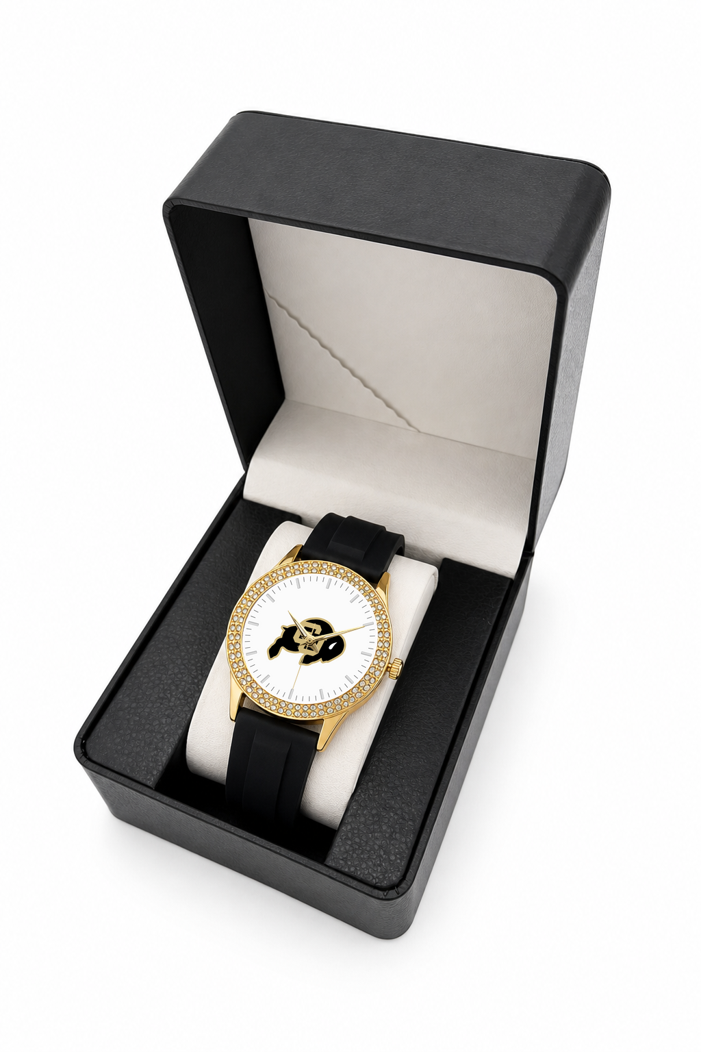 Colorado Buffaloes Gold Metal Diamond watch with black silicone band in LicensedTime gift box