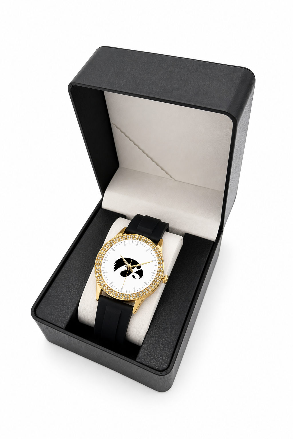 Iowa Hawkeyes Gold Metal Diamond watch with black silicone band in LicensedTime gift box