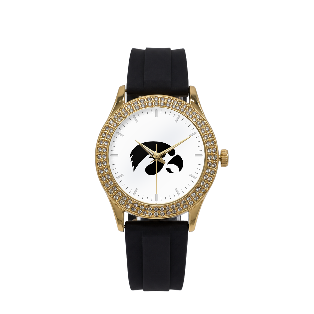 Iowa Hawkeyes Gold Metal Diamond watch with black silicone band