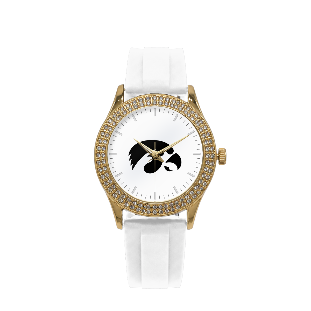 Iowa Hawkeyes Gold Metal Diamond watch with white silicone band