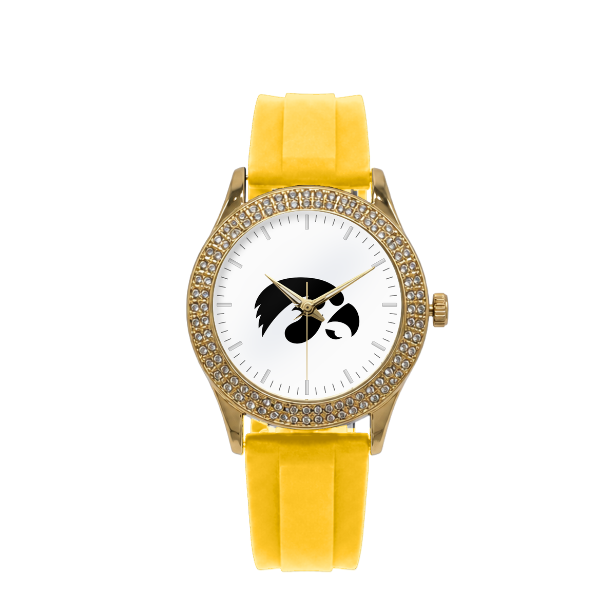Iowa Hawkeyes Gold Metal Diamond watch with yellow silicone band