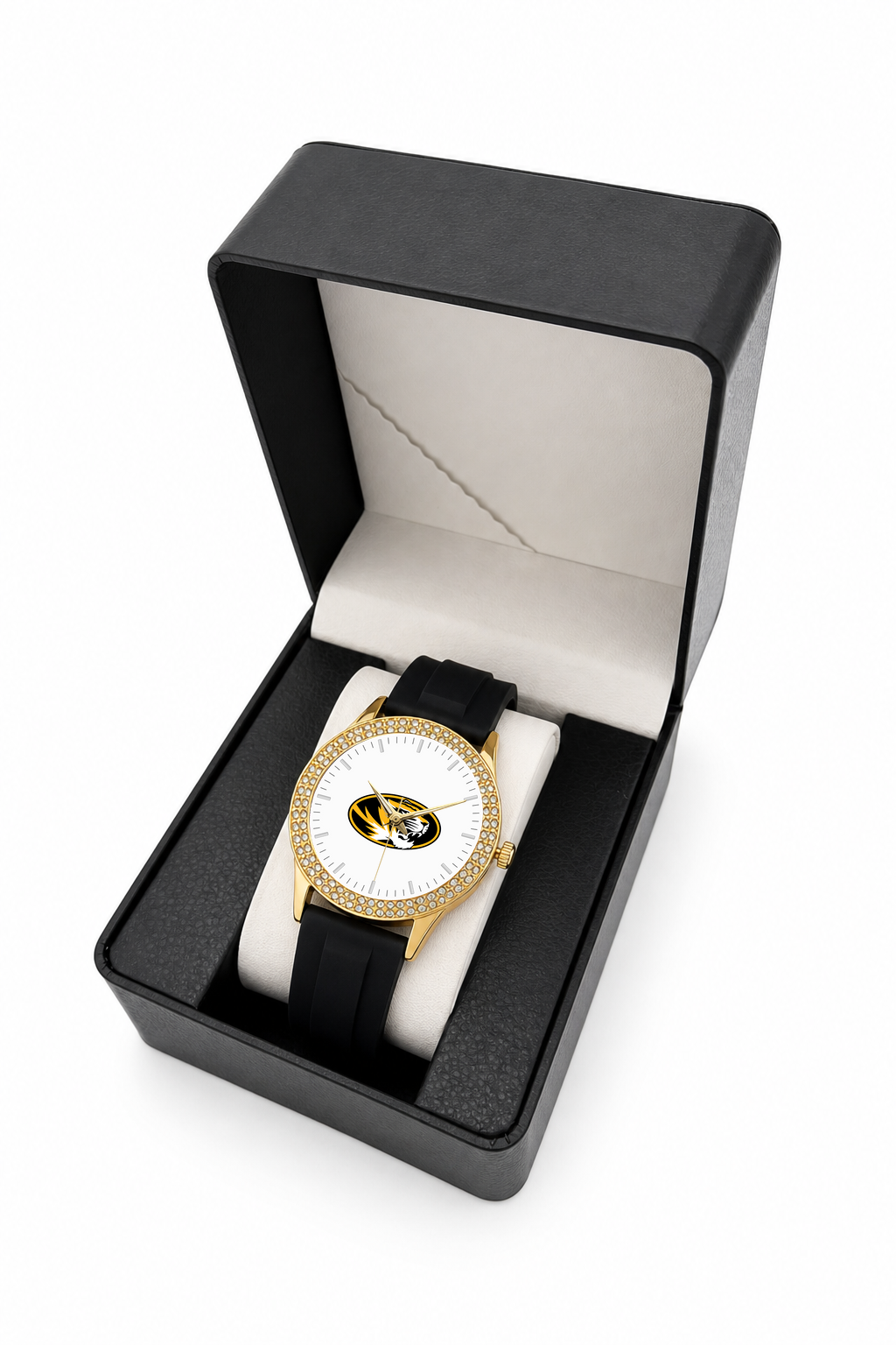 Missouri Tigers Gold Metal Diamond watch with black silicone band in LicensedTime gift box
