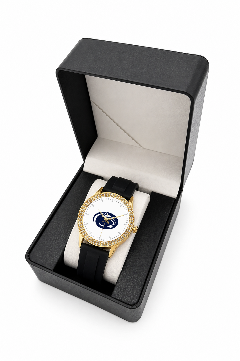 Penn State Nittany Lions Gold Metal Diamond watch with black silicone band in LicensedTime gift box