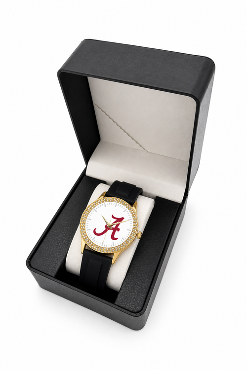 Alabama Crimson Tide Gold Metal Diamond watch with black silicone band in LicensedTime gift box