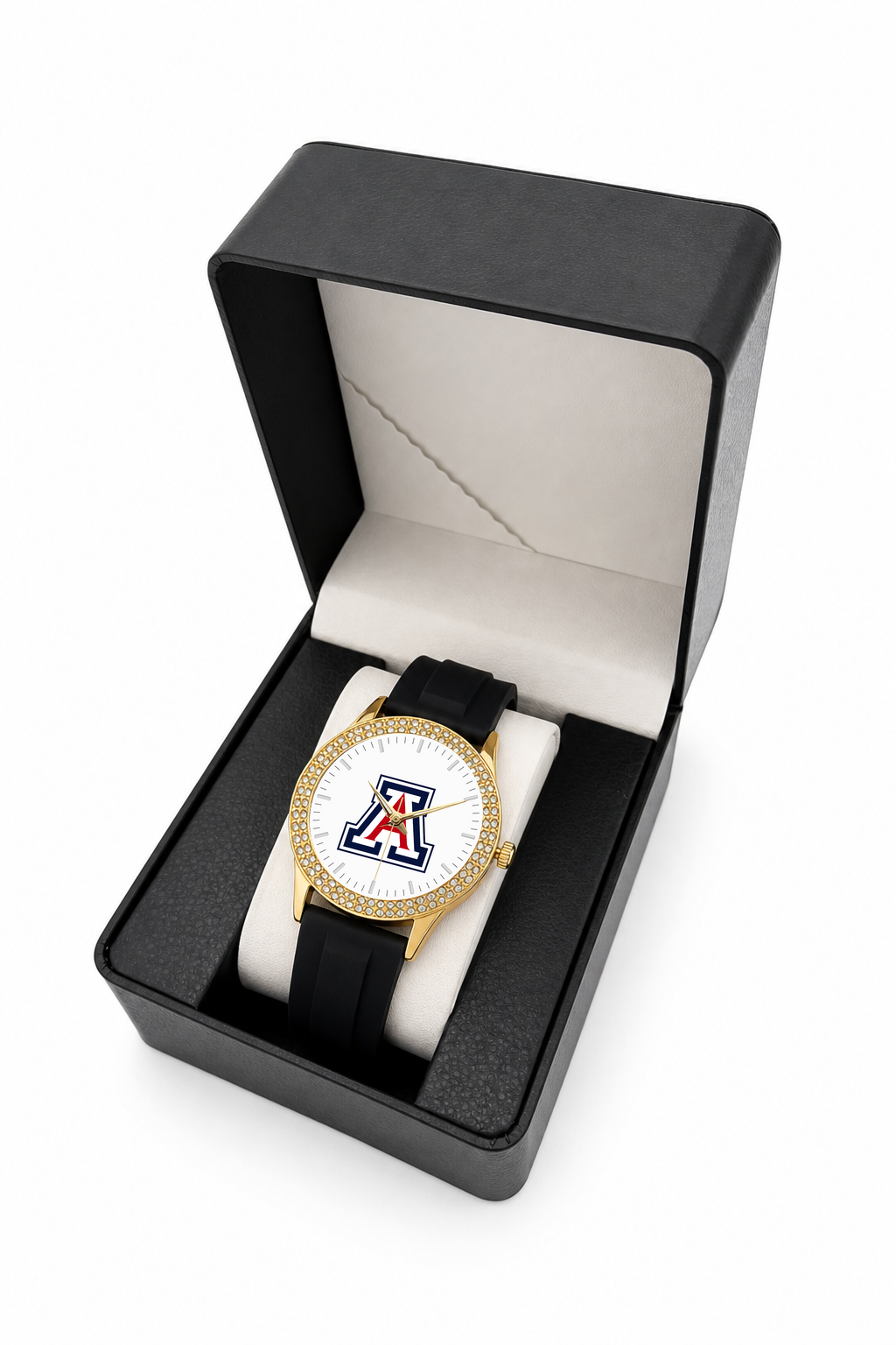 Arizona Wildcats Gold Metal Diamond watch with black silicone band in LicensedTime gift box