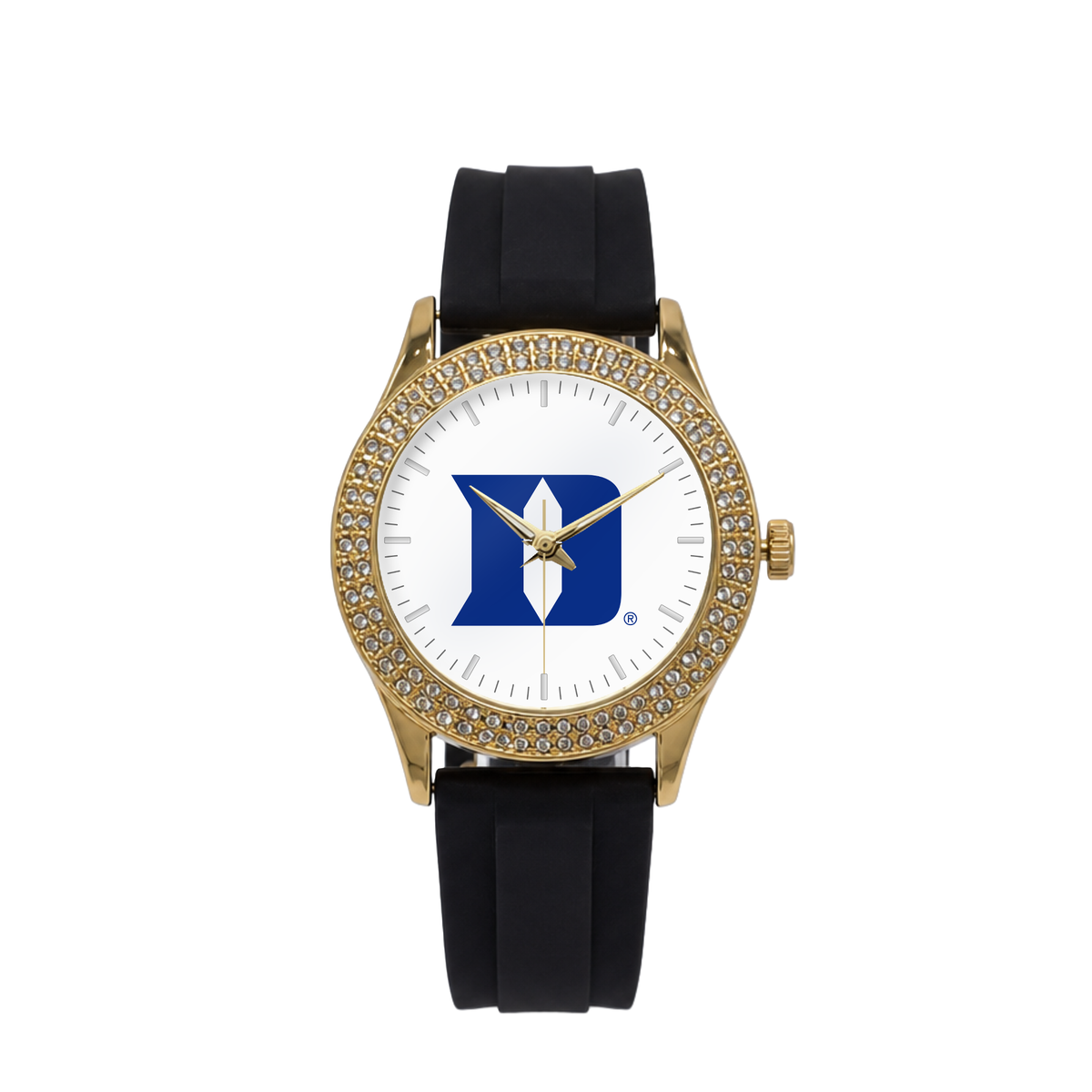 Duke Blue Devils Gold Metal Diamond watch with black silicone band