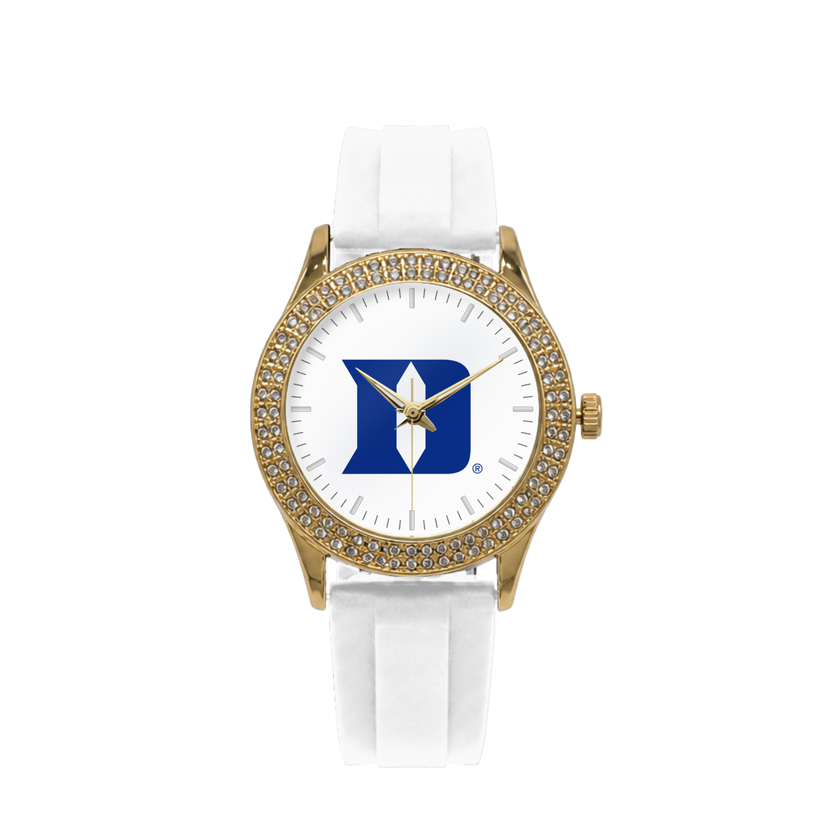 Duke Blue Devils Gold Metal Diamond watch with white silicone band