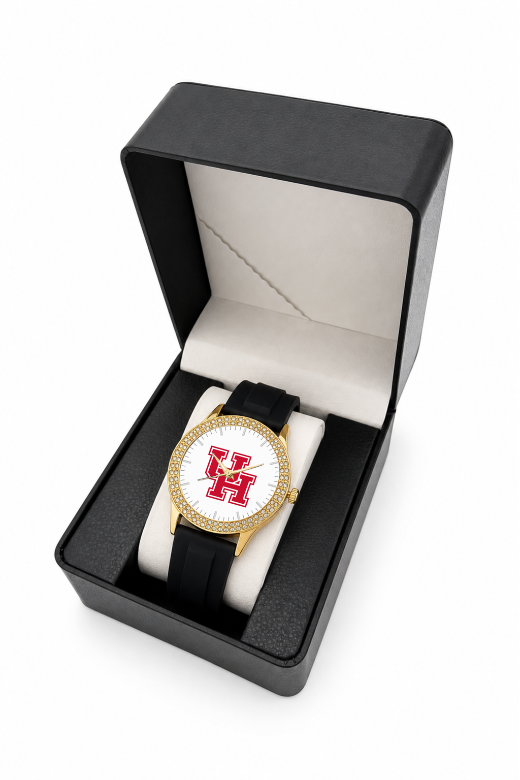 Houston Cougars Gold Metal Diamond watch with black silicone band in LicensedTime gift box