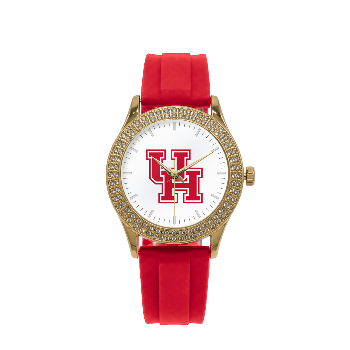 Houston Cougars Gold Metal Diamond watch with red silicone band
