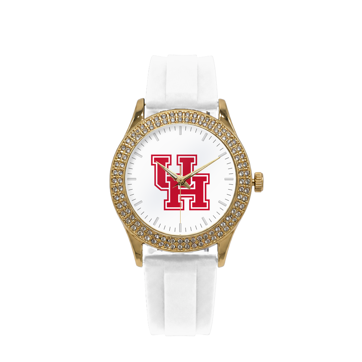 Houston Cougars Gold Metal Diamond watch with white silicone band
