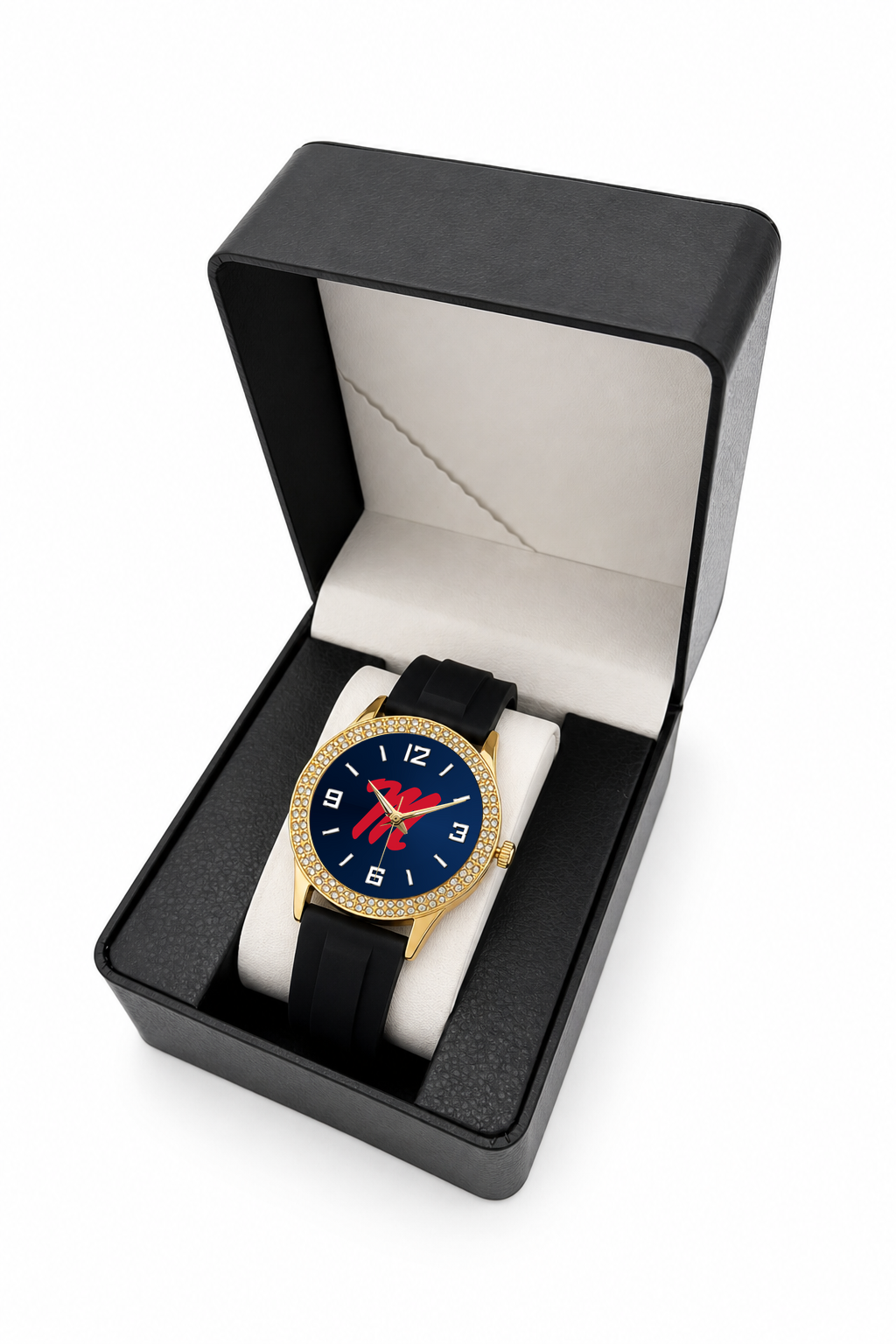 Ole Miss Rebels Gold Metal Diamond watch with black silicone band in LicensedTime gift box