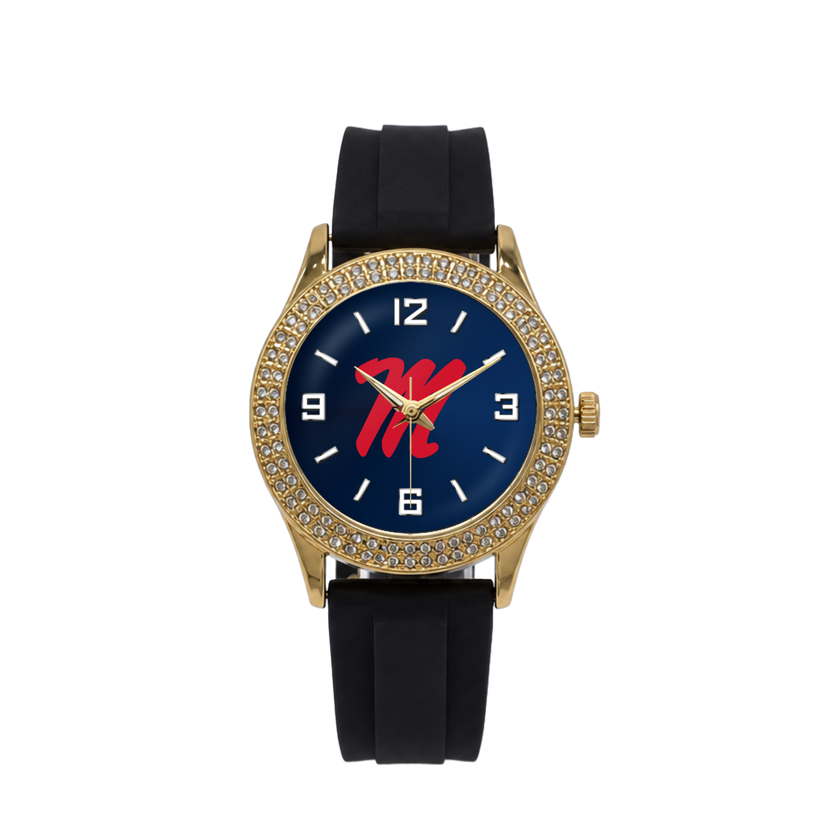 Ole Miss Rebels Gold Metal Diamond watch with black silicone band