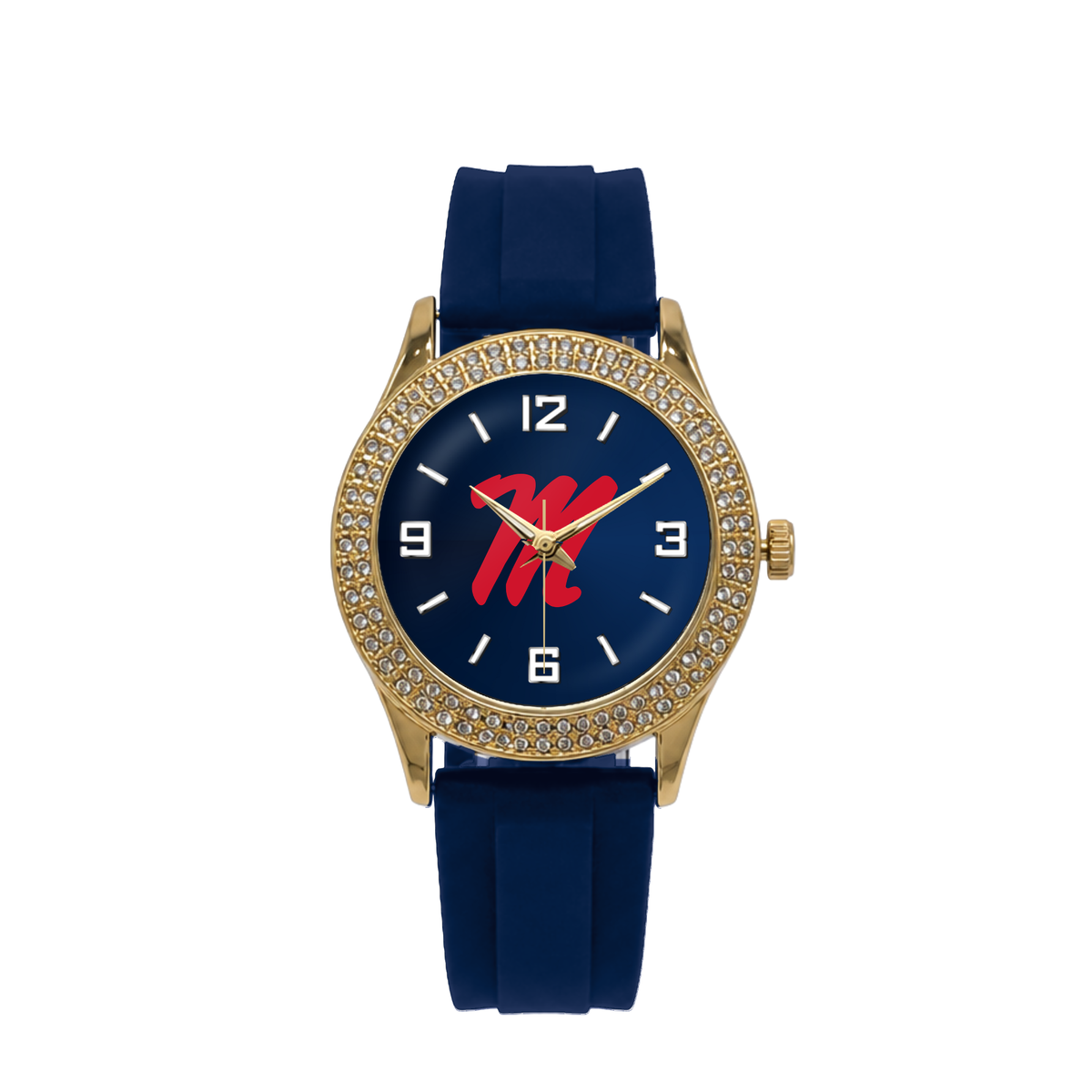 Ole Miss Rebels Gold Metal Diamond watch with navy silicone band
