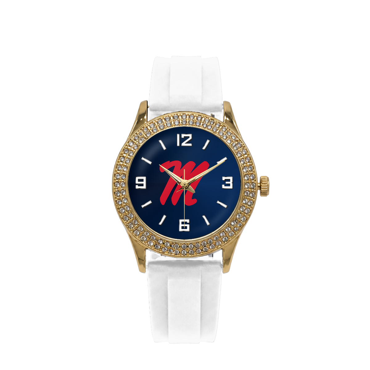 Ole Miss Rebels Gold Metal Diamond watch with white silicone band