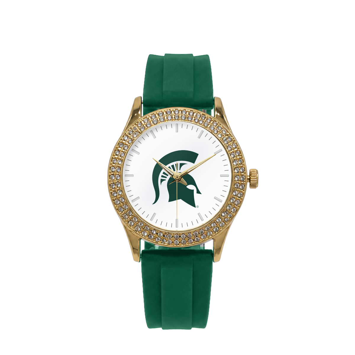 Michigan State Spartans Gold Metal Diamond watch with green silicone band